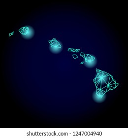 Glossy polygonal mesh map of Hawaii State with glare effect. Abstract mesh lines, triangles, light spots and points on dark background with map of Hawaii State.