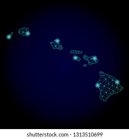 Glossy polygonal mesh map of Hawaii State. Abstract mesh lines, triangles, light spots and points on dark background with map of Hawaii State.