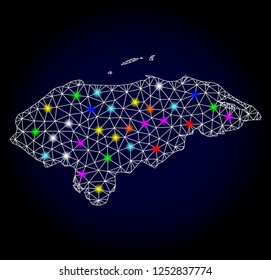 Glossy polygonal mesh map of Honduras with glow effect. Vector carcass map of Honduras with glowing colorful points for New Year purposes. White mesh lines. Dark blue background. Constellation effect.