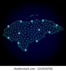 Glossy polygonal mesh map of Honduras. Abstract mesh lines, triangles, light spots and points on dark background with map of Honduras.