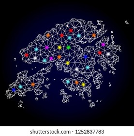 Glossy polygonal mesh map of Hong Kong with glow effect. Vector carcass map of Hong Kong with glowing multi colored dots for Christmas templates. White mesh lines. Dark blue background.