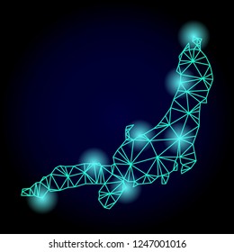 Glossy polygonal mesh map of Honshu Island with glare effect. Abstract mesh lines, triangles, light spots and points on dark background with map of Honshu Island.