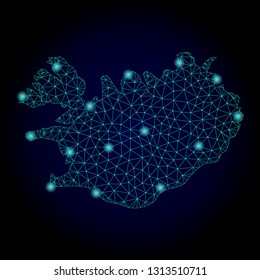 Glossy polygonal mesh map of Iceland. Abstract mesh lines, triangles, light spots and points on dark background with map of Iceland.