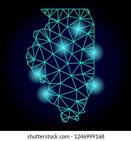 Glossy polygonal mesh map of Illinois State with glare effect. Abstract mesh lines, triangles, light spots and points on dark background with map of Illinois State.
