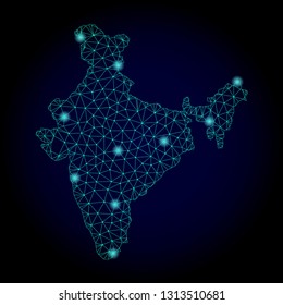 Glossy polygonal mesh map of India. Abstract mesh lines, triangles, light spots and points on dark background with map of India.