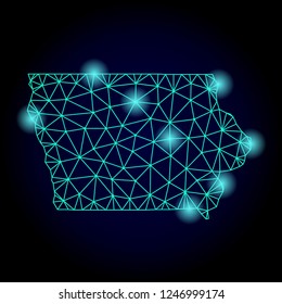 Glossy polygonal mesh map of Iowa State with glare effect. Abstract mesh lines, triangles, light spots and points on dark background with map of Iowa State.