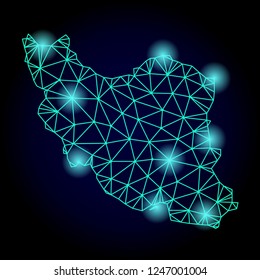 Glossy polygonal mesh map of Iran with glare effect. Abstract mesh lines, triangles, light spots and points on dark background with map of Iran.