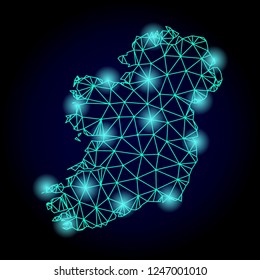 Glossy polygonal mesh map of Ireland Island with glare effect. Abstract mesh lines, triangles, light spots and points on dark background with map of Ireland Island.