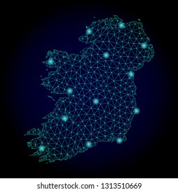 Glossy polygonal mesh map of Ireland Island. Abstract mesh lines, triangles, light spots and points on dark background with map of Ireland Island.