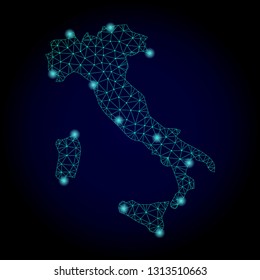 Glossy polygonal mesh map of Italy. Abstract mesh lines, triangles, light spots and points on dark background with map of Italy.