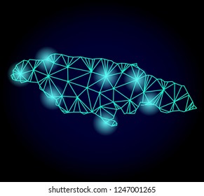 Glossy polygonal mesh map of Jamaica with glow effect. Abstract mesh lines, triangles, light spots and points on dark background with map of Jamaica.