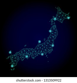 Glossy polygonal mesh map of Japan. Abstract mesh lines, triangles, light spots and points on dark background with map of Japan.