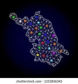 Glossy polygonal mesh Map of Jiangsu Province with glow effect. Vector carcass Map of Jiangsu Province with glowing multi colored spheres for Christmas posters. White mesh lines. Dark blue background.