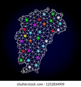 Glossy polygonal mesh Map of Jiangxi Province with glare effect. Vector carcass Map of Jiangxi Province with glowing multicolored spheres for New Year purposes. White mesh lines. Dark blue background.