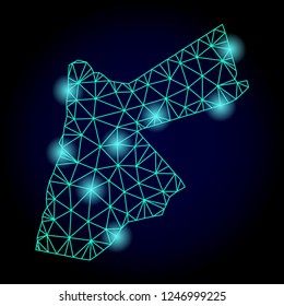 Glossy polygonal mesh map of Jordan with glare effect. Abstract mesh lines, triangles, light spots and points on dark background with map of Jordan.