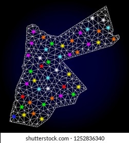 Glossy polygonal mesh map of Jordan with glare effect. Vector carcass map of Jordan with glowing colorful dots for Christmas templates. White mesh lines. Dark blue background. Constellation effect.