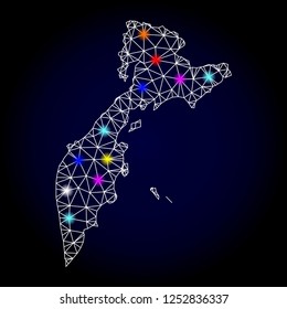 Glossy polygonal mesh map of Kamchatka Peninsula with glare effect. Vector carcass map of Kamchatka Peninsula with glowing multicolored spheres for Christmas purposes. White mesh lines.