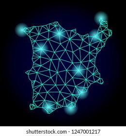 Glossy polygonal mesh map of Koh Samui with glare effect. Abstract mesh lines, triangles, light spots and points on dark background with map of Koh Samui.