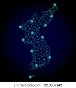Glossy polygonal mesh map of Korea. Abstract mesh lines, triangles, light spots and points on dark background with map of Korea.