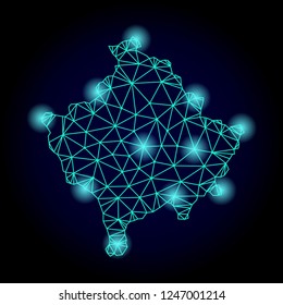 Glossy polygonal mesh map of Kosovo with glare effect. Abstract mesh lines, triangles, light spots and points on dark background with map of Kosovo.