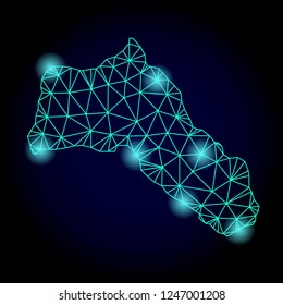 Glossy polygonal mesh map of Kurdistan with glow effect. Abstract mesh lines, triangles, light spots and points on dark background with map of Kurdistan.