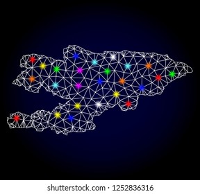 Glossy polygonal mesh map of Kyrgyzstan with glare effect. Vector carcass map of Kyrgyzstan with glowing multicolored spheres for Christmas purposes. White mesh lines. Dark blue background.