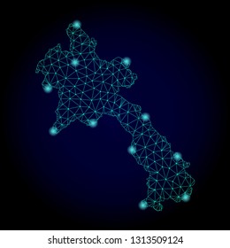 Glossy polygonal mesh map of Laos. Abstract mesh lines, triangles, light spots and points on dark background with map of Laos.