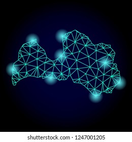 Glossy polygonal mesh map of Latvia with glare effect. Abstract mesh lines, triangles, light spots and points on dark background with map of Latvia.