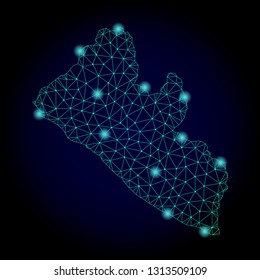 Glossy polygonal mesh map of Liberia. Abstract mesh lines, triangles, light spots and points on dark background with map of Liberia.
