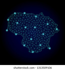 Glossy polygonal mesh map of Lithuania. Abstract mesh lines, triangles, light spots and points on dark background with map of Lithuania.