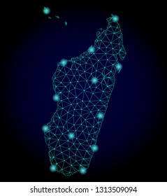 Glossy polygonal mesh map of Madagascar Island. Abstract mesh lines, triangles, light spots and points on dark background with map of Madagascar Island.