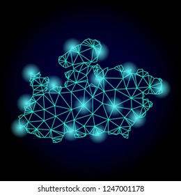 Glossy polygonal mesh map of Madhya Pradesh State with glare effect. Abstract mesh lines, triangles, light spots and points on dark background with map of Madhya Pradesh State.