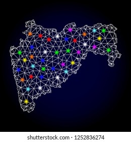 Glossy polygonal mesh map of Maharashtra State with glare effect. Vector carcass map of Maharashtra State with glowing multi colored points for Christmas posters. White mesh lines.