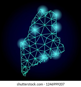 Glossy polygonal mesh map of Maine State with glow effect. Abstract mesh lines, triangles, light spots and points on dark background with map of Maine State.