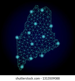 Glossy polygonal mesh map of Maine State. Abstract mesh lines, triangles, light spots and points on dark background with map of Maine State.