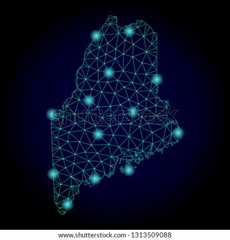 Glossy polygonal mesh map of Maine State. Abstract mesh lines, triangles, light spots and points on dark background with map of Maine State.