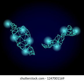 Glossy polygonal mesh map of Malaysia with glow effect. Abstract mesh lines, triangles, light spots and points on dark background with map of Malaysia.