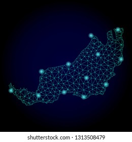Glossy polygonal mesh map of Malaysian Sarawak. Abstract mesh lines, triangles, light spots and points on dark background with map of Malaysian Sarawak.