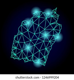 Glossy polygonal mesh map of Manipur State with glow effect. Abstract mesh lines, triangles, light spots and points on dark background with map of Manipur State.