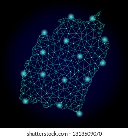 Glossy polygonal mesh map of Manipur State. Abstract mesh lines, triangles, light spots and points on dark background with map of Manipur State.