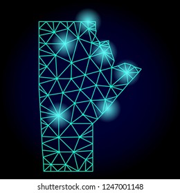 Glossy polygonal mesh map of Manitoba Province with glow effect. Abstract mesh lines, triangles, light spots and points on dark background with map of Manitoba Province.