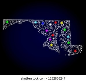 Glossy polygonal mesh map of Maryland State with glow effect. Vector carcass map of Maryland State with glowing multi colored spheres for Christmas posters. White mesh lines. Dark blue background.
