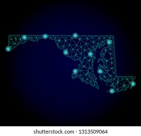 Glossy polygonal mesh map of Maryland State. Abstract mesh lines, triangles, light spots and points on dark background with map of Maryland State.