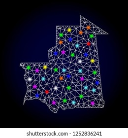 Glossy polygonal mesh map of Mauritania with glare effect. Vector carcass map of Mauritania with glowing colorful dots for New Year templates. White mesh lines. Dark blue background.