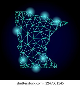 Glossy polygonal mesh map of Minnesota State with glow effect. Abstract mesh lines, triangles, light spots and points on dark background with map of Minnesota State.