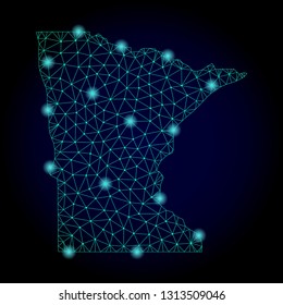 Glossy polygonal mesh map of Minnesota State. Abstract mesh lines, triangles, light spots and points on dark background with map of Minnesota State.