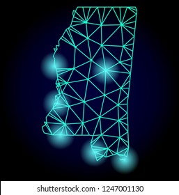 Glossy polygonal mesh map of Mississippi State with glow effect. Abstract mesh lines, triangles, light spots and points on dark background with map of Mississippi State.