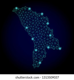 Glossy polygonal mesh map of Moldova. Abstract mesh lines, triangles, light spots and points on dark background with map of Moldova.