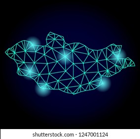 Glossy polygonal mesh map of Mongolia with glow effect. Abstract mesh lines, triangles, light spots and points on dark background with map of Mongolia.