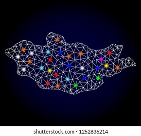 Glossy polygonal mesh map of Mongolia with glare effect. Vector carcass map of Mongolia with glowing multi colored spheres for New Year illustrations. White mesh lines. Dark blue background.